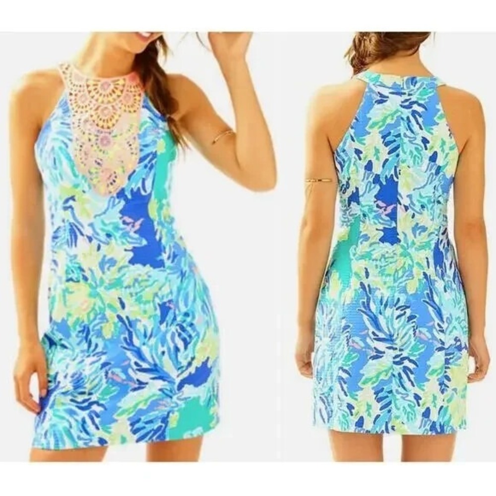 Lilly Pulitzer Pearl Shift Dress Wade and Sea sz 0 Crochet Lace Coral Fish